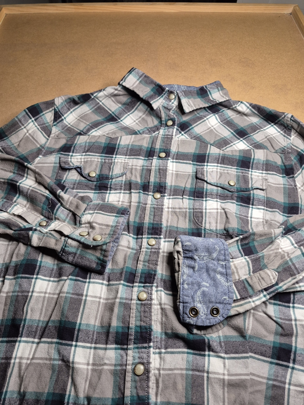 JACHS Girlfriend Gray and Teal Plaid Snap-Front Shirt 4254/4
